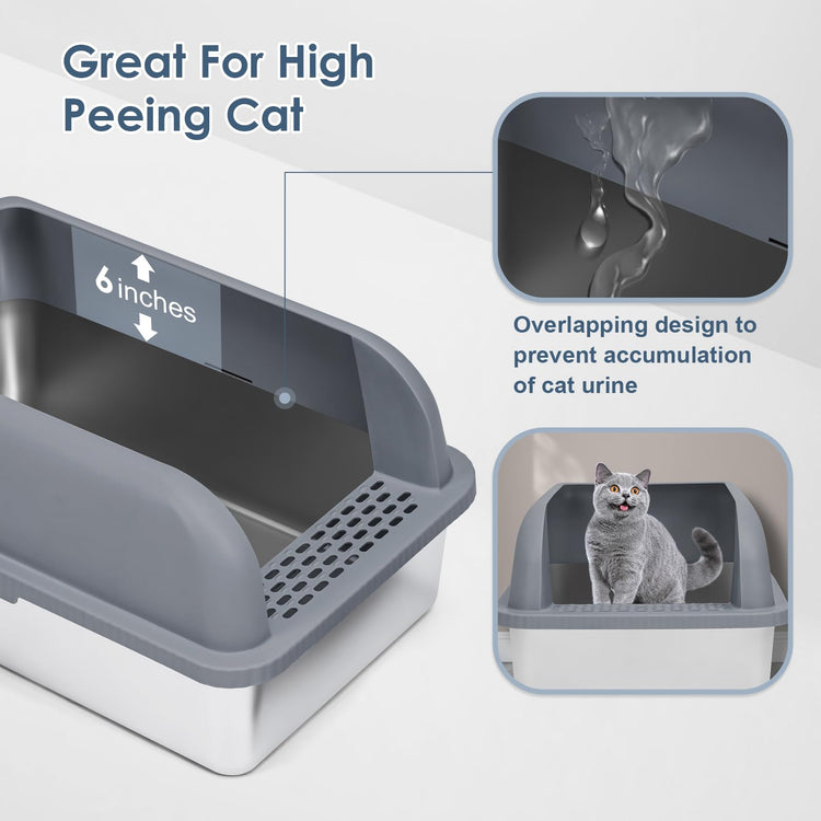 Extra Large Stainless Steel Litter Box with Lid, High Sides Enclosed Cat Litter Box for Big Cats & High Peeing, Anti-Leak & Odor Control Metal Litter Pan, Easy Clean Non-Stick Kitty Litter Box