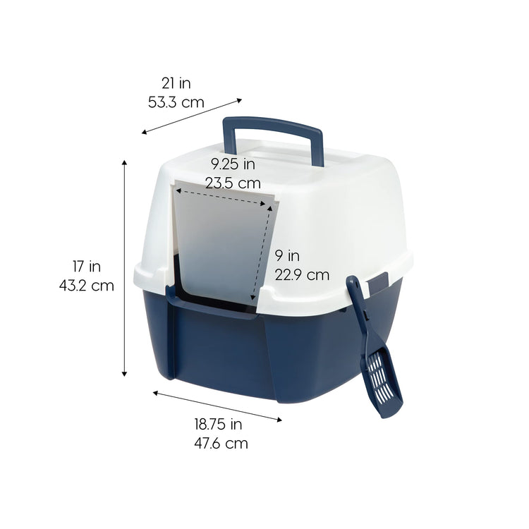 IRIS USA Cat Litter Box Large with Front Door Flap, Covered Enclosed Litter Box Enclosure with Scoop, Handle & Buckles for Portability & Privacy, Hidden Litter Pan, Navy