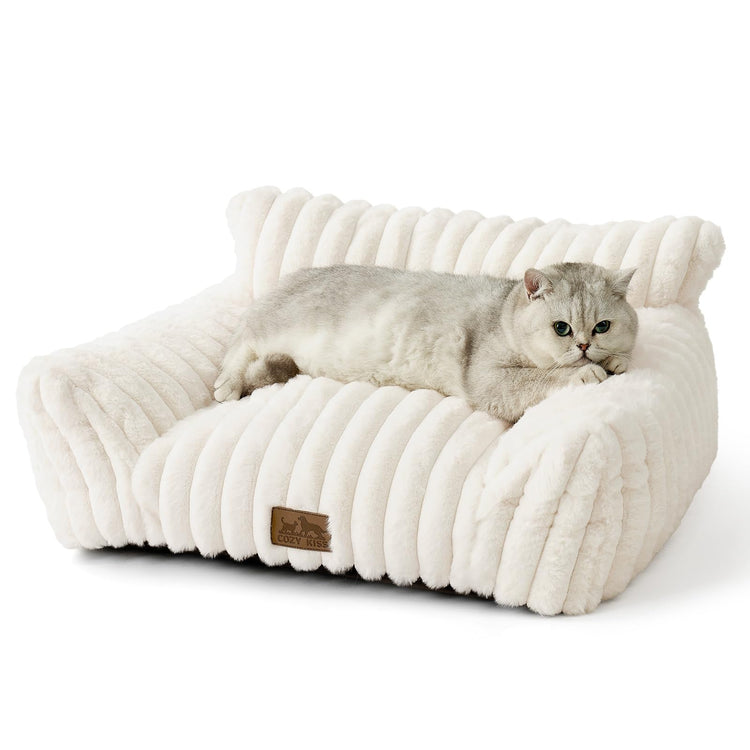 COZY KISS Cute Cat Couch, Fluffy Sofa Bed for Cats and Small Dogs, Premium Faux Rabbit Fur Cats beds for Indoor Cat, Ultra-Soft Supportive Pet Couch Furniture (Grey, S: 25.5''x17.5'')