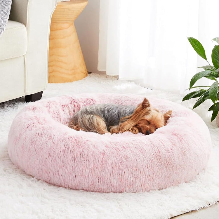 WNPETHOME Calming Dog Bed & Cat Bed, Anti-Anxiety Donut Small Dog Bed, Fluffy Faux Fur Cats Cushion Puppy Bed for Small Pets and Cats (24 x 24 inch, Light Coffee)