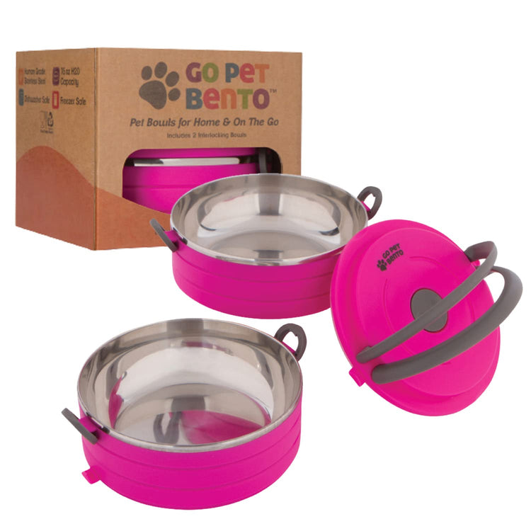 Healthy Human Travel Pet Bento Bowls - Human-Grade Stainless Steel & BPA-Free, Leak-Proof Water & Food Container Set for Dogs & Cats, 4-Pack Interlocking Bowls, Includes Spare Clips & Handle (Pink)