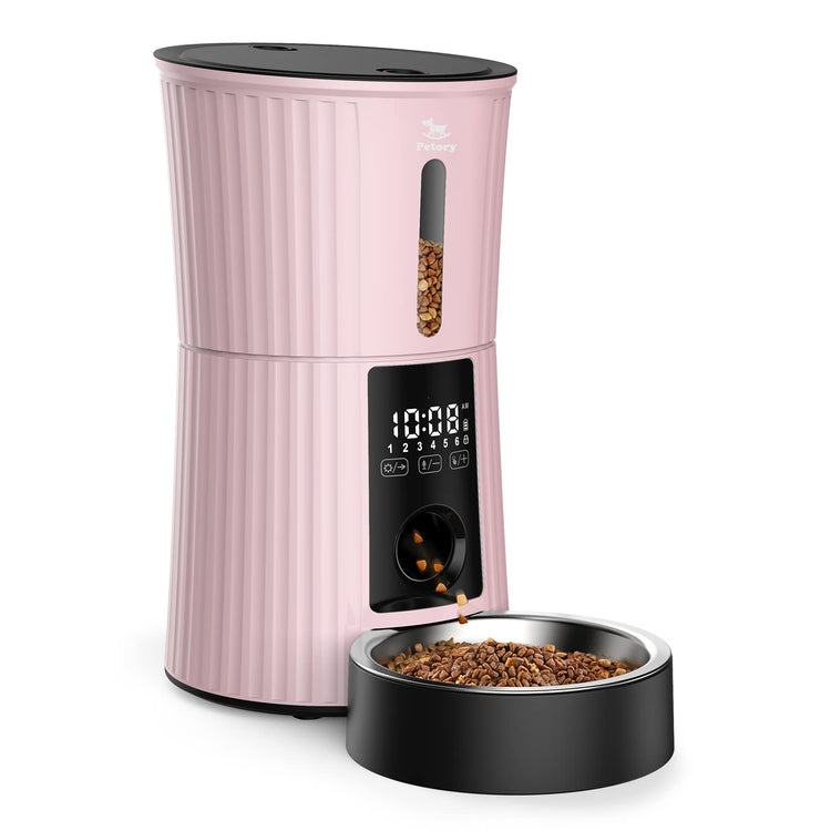 Petory Timed Automatic Cat Feeders - 4L Programable Dry Food Dispenser for Cats and Small Medium Dogs 6 Meals with Desiccant Bag Dual Power Supply 10S Voice Recorder