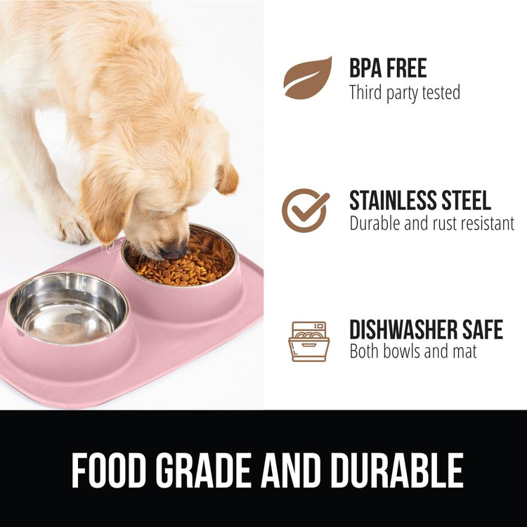 GORILLA GRIP Feeding Mat Set, Patent Pending 100% Waterproof BPA Free Silicone, Stainless Steel Cat and Dog Bowls, Slip Resistant, 1 Black mat/tray with 2 stainless steel bowls