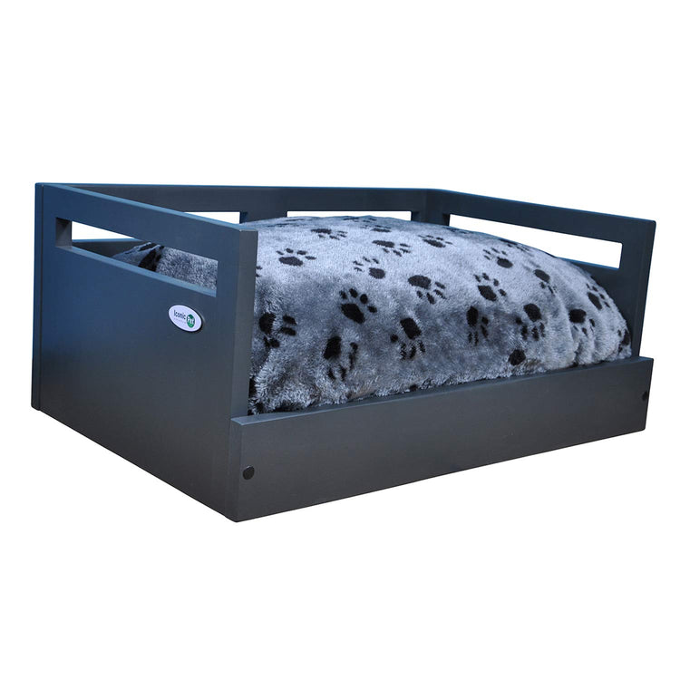 Iconic Pet Sassy Paws Wooden Pet Bed with Paw Printed Comfy Cushion for Dogs & Cats in Varying Sizes & Colors, Small-Rustic Brown