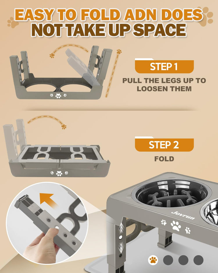 Jovrun Elevated Dog Bowls for Medium Large Size Dogs, Non-Slip Dog Feeder with 1*Stainless Steel Dishes & 1*Slow Feeder Bowl, 5 Heights Adjustable Raised Bowls to 3.15″-8.66″-9.84″-11.02″-12.2″