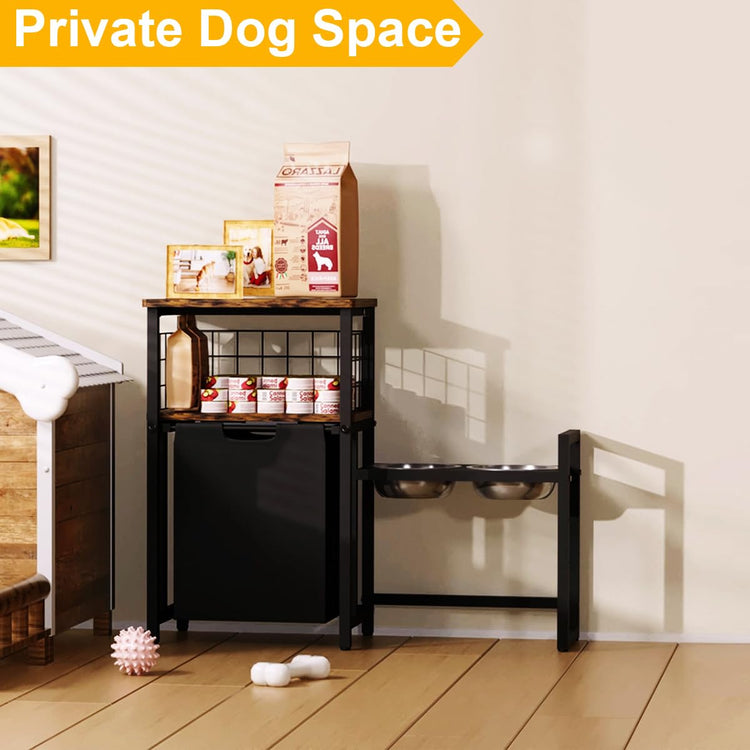 30.6Long x 26.2 High Elevated Dog Bowl Stand with Pet Food Storage Organizer, Adjustable Raised Feeding Station with Toy Basket for Large Medium Small Dogs and Cats, Black