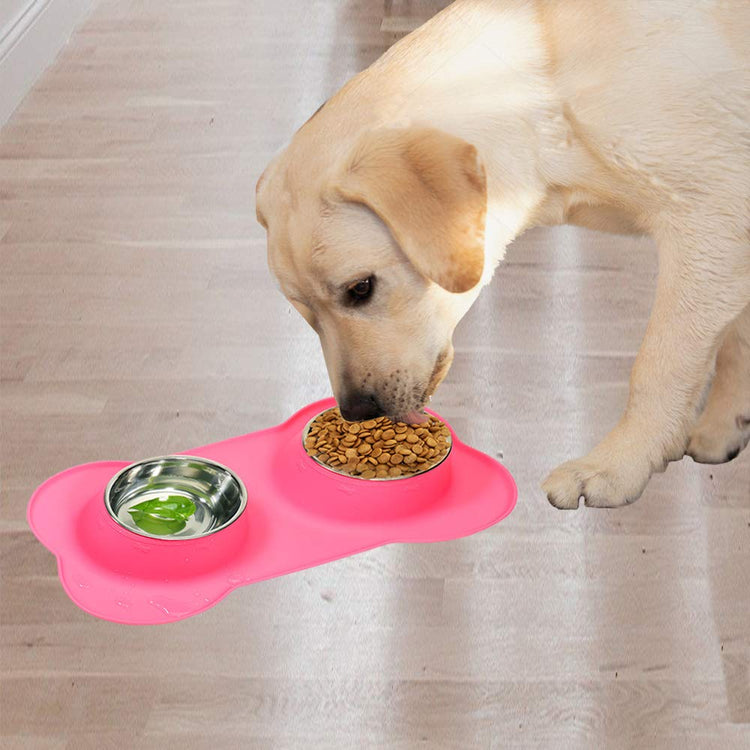 AsFrost Dog Food Bowls Stainless Steel Pet Bowls & Dog Water Bowls with No-Spill and Non-Skid, Feeder Bowls with Dog Bowl Mat for Dogs Cats and Pets-Pink, 24 0z in Total