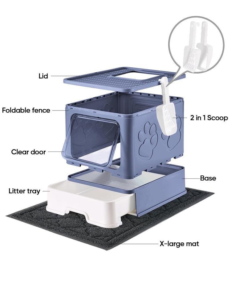 Medario Cat Litter Box with Litter Mat and Scoop, Large Covered Litter Box with Lid, Enclosed Kitty Box, Front Entry Top Exit, Odor Control, Easy to Clean (Grey)