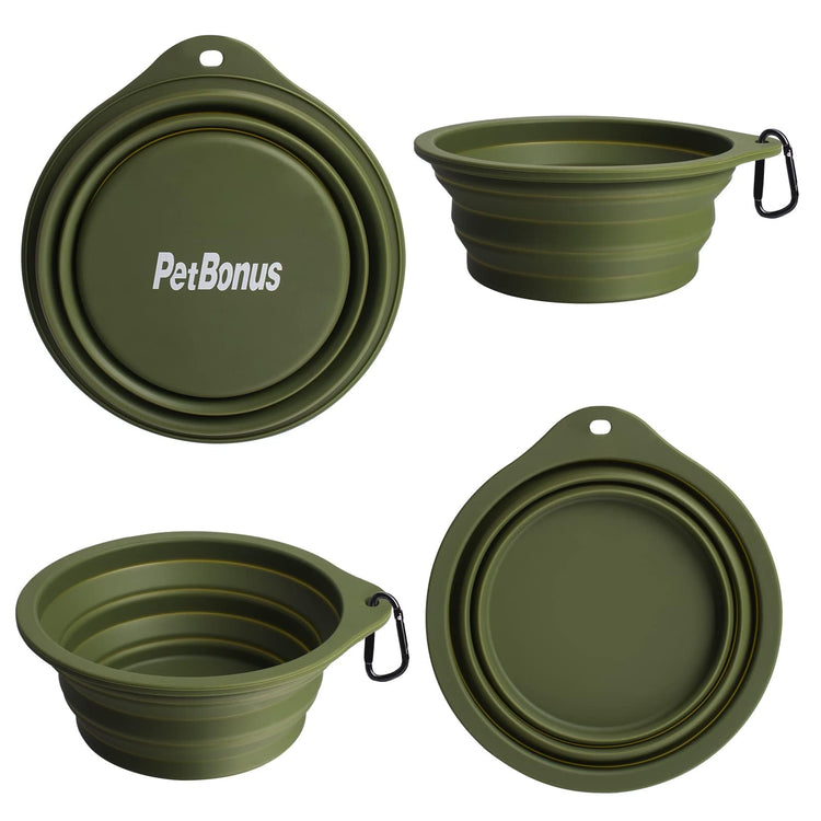 PetBonus 2-Pack Silicone Collapsible Dog Bowls, BPA Free Dishwasher Safe, Portable Foldable Expandable Travel Bowl, Food Water Feeding Cup Dish for Dogs Cats with 2 Carabiners (Turquoise, Tan)