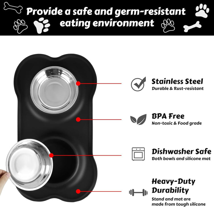 AsFrost Dog Food Bowls Stainless Steel Pet Bowls & Dog Water Bowls with No-Spill and Non-Skid, Feeder Bowls with Dog Bowl Mat for Dogs Cats and Pets-Pink, 24 0z in Total