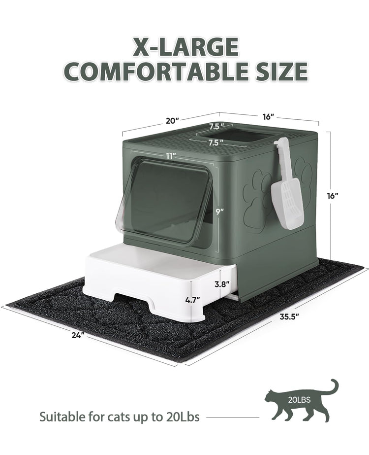 Medario Cat Litter Box with Litter Mat and Scoop, Large Covered Litter Box with Lid, Enclosed Kitty Box, Front Entry Top Exit, Odor Control, Easy to Clean (Grey)
