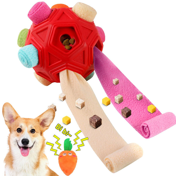Dog Snuffle Ball-Interactive Puzzle Dog Toys Encourage Natural Foraging Skills Slow Feeder for Training and Stress Relief, Cloth Strip Hiding Food Chew Toys with Squeaky Carrot Toy for Any Size