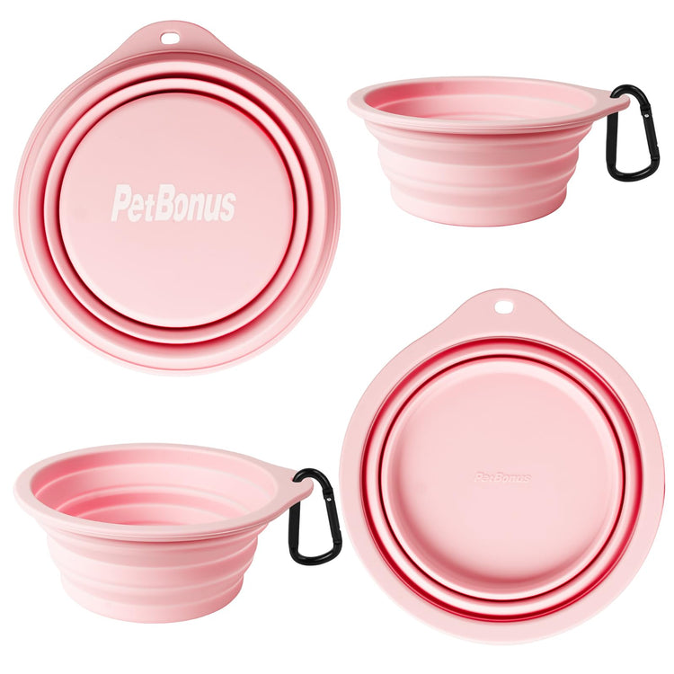 PetBonus 2-Pack Silicone Collapsible Dog Bowls, BPA Free Dishwasher Safe, Portable Foldable Expandable Travel Bowl, Food Water Feeding Cup Dish for Dogs Cats with 2 Carabiners (Turquoise, Tan)