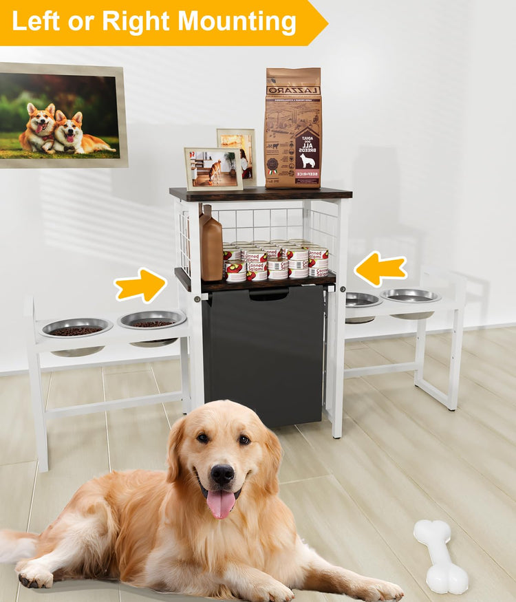 30.6Long x 26.2 High Elevated Dog Bowl Stand with Pet Food Storage Organizer, Adjustable Raised Feeding Station with Toy Basket for Large Medium Small Dogs and Cats, Black