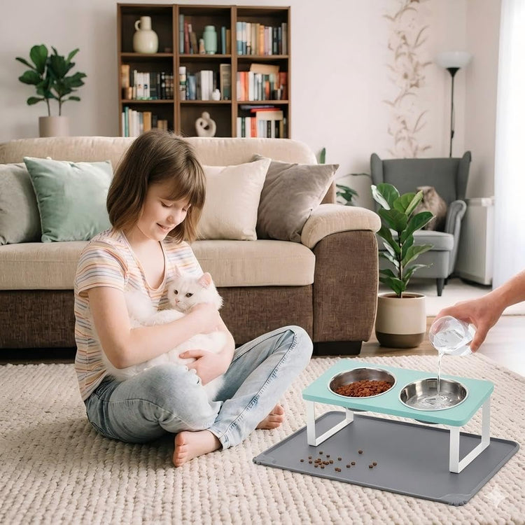 Upgraded Elevated Cat Bowls with Food Mat,15°Tilted Stand Anti Vomiting Raised Cat Dishes for Food and Water,2 Stainless Steel Bowls for Cats and Puppy