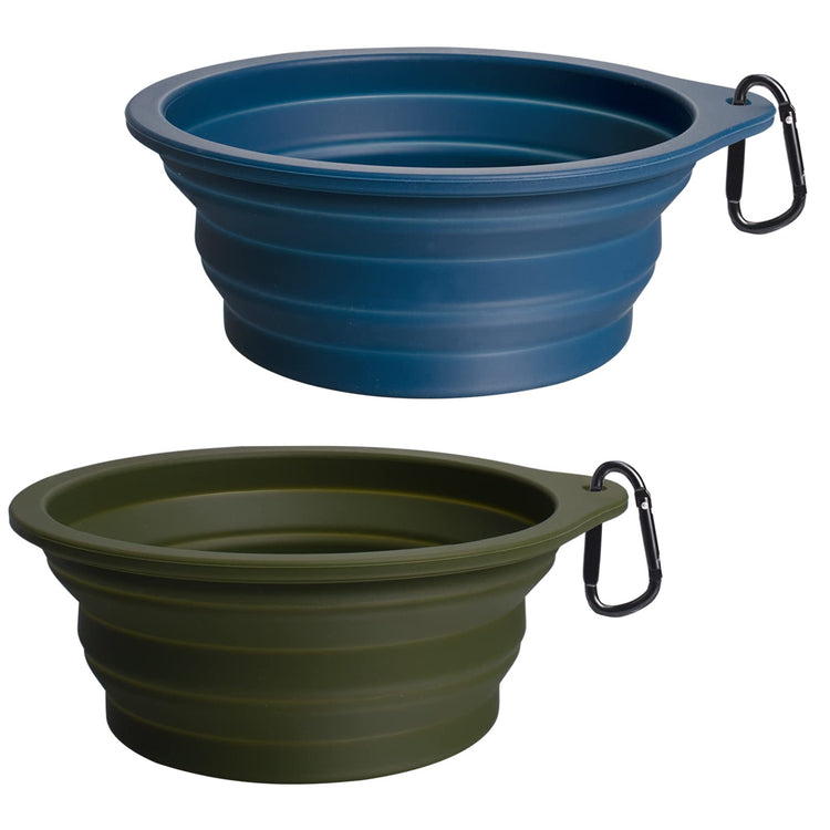 PetBonus 2-Pack Silicone Collapsible Dog Bowls, BPA Free Dishwasher Safe, Portable Foldable Expandable Travel Bowl, Food Water Feeding Cup Dish for Dogs Cats with 2 Carabiners (Turquoise, Tan)
