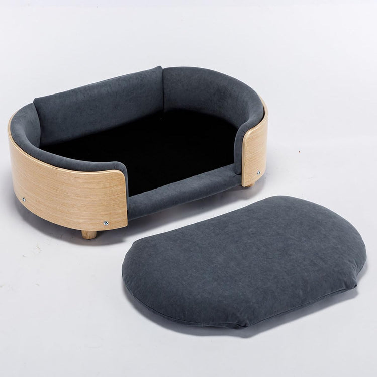 Elevated Dog Bed Pet Sofa with Solid Wood Legs and Bent Soft Backrest, Pet Cat Stool Bed with Velvet Cushion,for Small and Medium Size Dogs Kitten, Dark Gray, Small Size