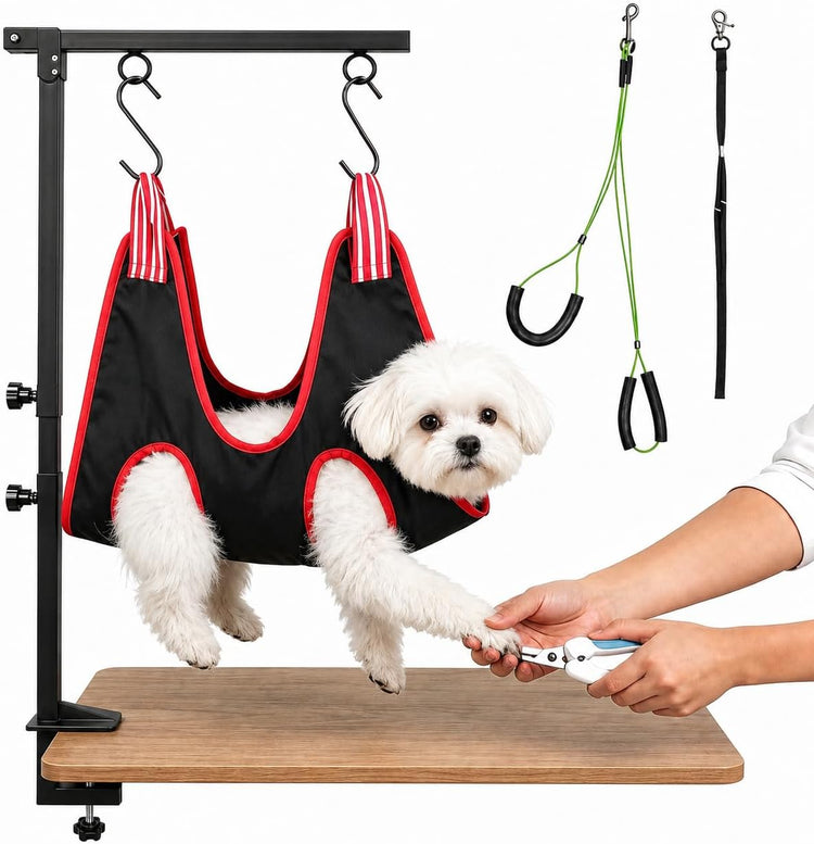 Dog Grooming Arm with Clamp, Adjustable Height 26"-40", Pet Grooming Table Arm with Hammock and No-Sit Holder, Dog Grooming Supplies for Small Medium Dogs, Grooming Restraint for Home or Salon