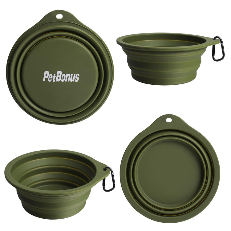 PetBonus 2-Pack Silicone Collapsible Dog Bowls, BPA Free Dishwasher Safe, Portable Foldable Expandable Travel Bowl, Food Water Feeding Cup Dish for Dogs Cats with 2 Carabiners (Turquoise, Tan)