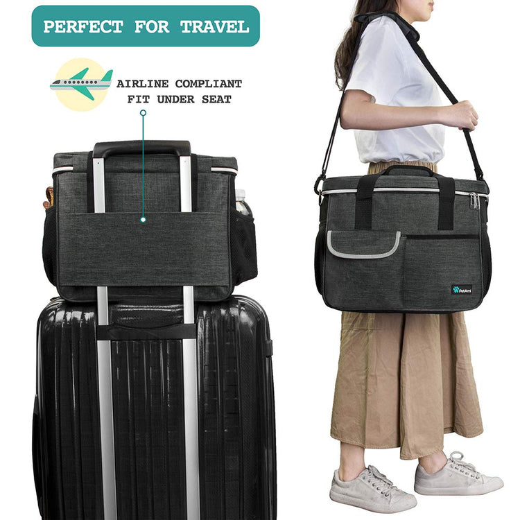PetAmi Dog Travel Bag Organizer, Pet Travel Kit with 2 Food Containers & 2 Collapsible Dog Bowls, Pet Supplies Tote with Luggage Sleeve, Weekend Road Trip Camping Essentials, Dark Gray, Medium