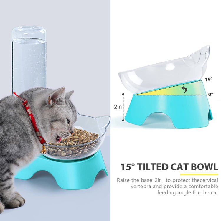 MILIFUN Double Dog Cat Bowls - Pets Water and Food Bowl Set, 15°Tilted Water and Food Bowl Set with Automatic Waterer Bottle for Small or Medium Size Dogs Cats
