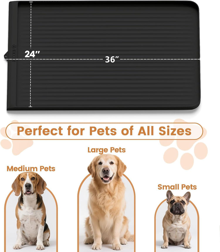 Dog Food Mat 36"x24", Waterproof Pet Feeding Mat with Diversion Grooves and Raised Edges, Large Non-Slip Dog Bowl Mat for Food and Water, Cat Food Mat for Floors, Easy to Clean, Grey