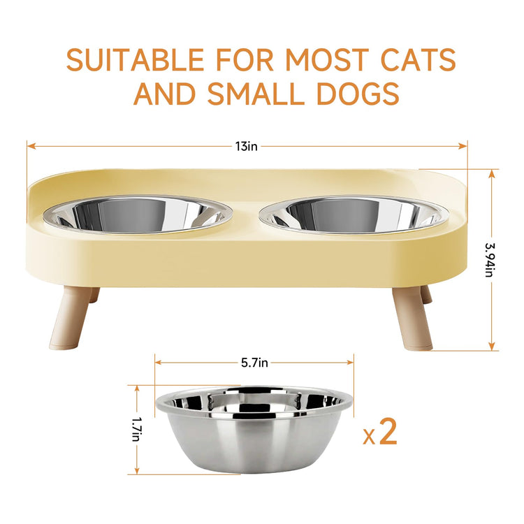 Elevated Cat Bowl, Raised Cat Food and Water Bowl Set for Indoor Cats, Splash Proof with 2 Stainless Steel Pet Food Bowls for Cats and Puppies, Whisker Fatigue and Dishwasher Safe - White