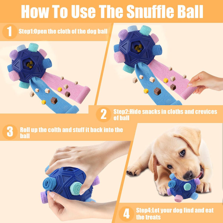 Dog Snuffle Ball-Interactive Puzzle Dog Toys Encourage Natural Foraging Skills Slow Feeder for Training and Stress Relief, Cloth Strip Hiding Food Chew Toys with Squeaky Carrot Toy for Any Size