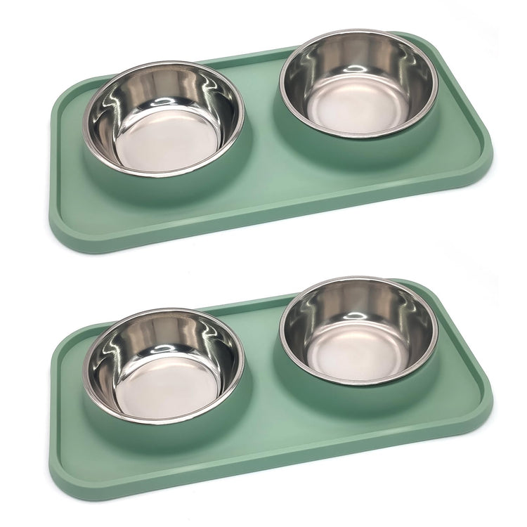 BNOSDM Double Dog Food Bowls Stainless Steel Dog Food and Water Bowls with Non-Spill Plastic Mat Pet Cat Feeder Bowl Set for Puppy Cats Kitten Small Medium Dogs Pink