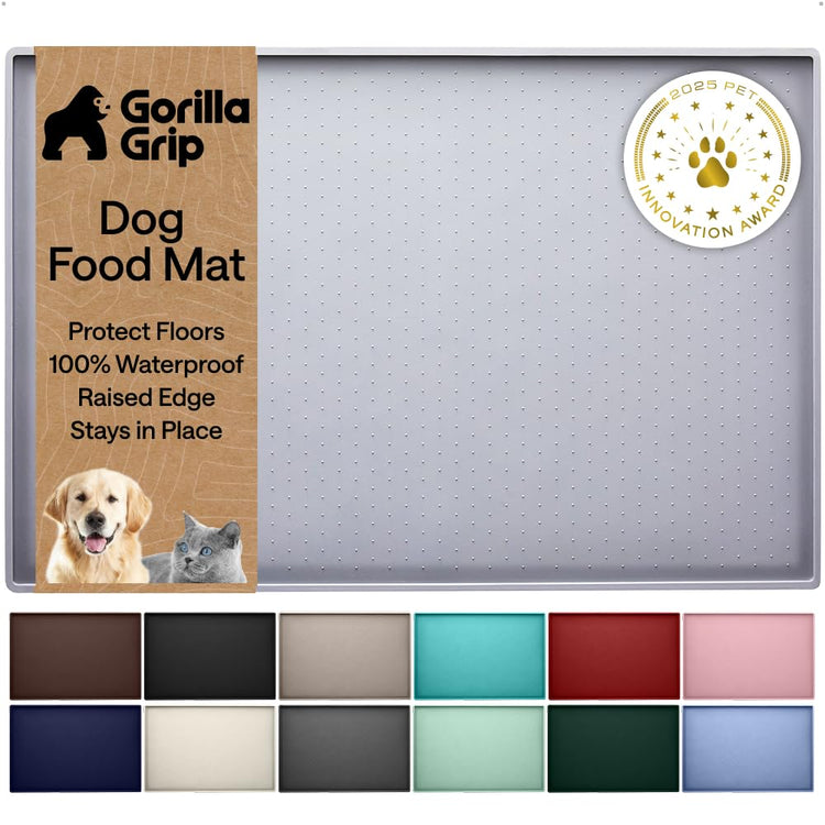 GORILLA GRIP 100% Waterproof Raised Edge BPA Free Silicone Pet Feeding Mat, Dog Cat Food Mats Contain Spills Protects Floors, Placemats for Cats and Dogs Water Bowl, 18.5x11.5, Gray
