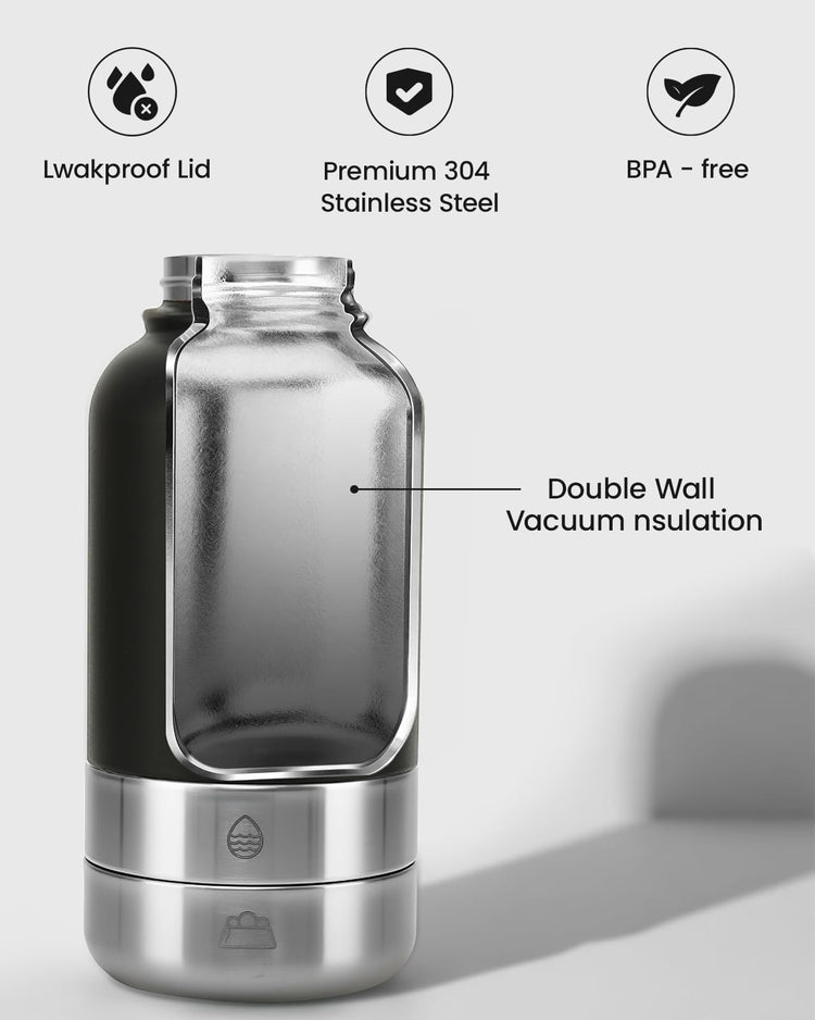 34oz Dog Water Bottle, Stainless Steel Dog Water Bottle Dispenser with Detachable Food & Water Bowls, Keeps Water Hot/Cold, for Walking, Hiking, Camping(Cream)
