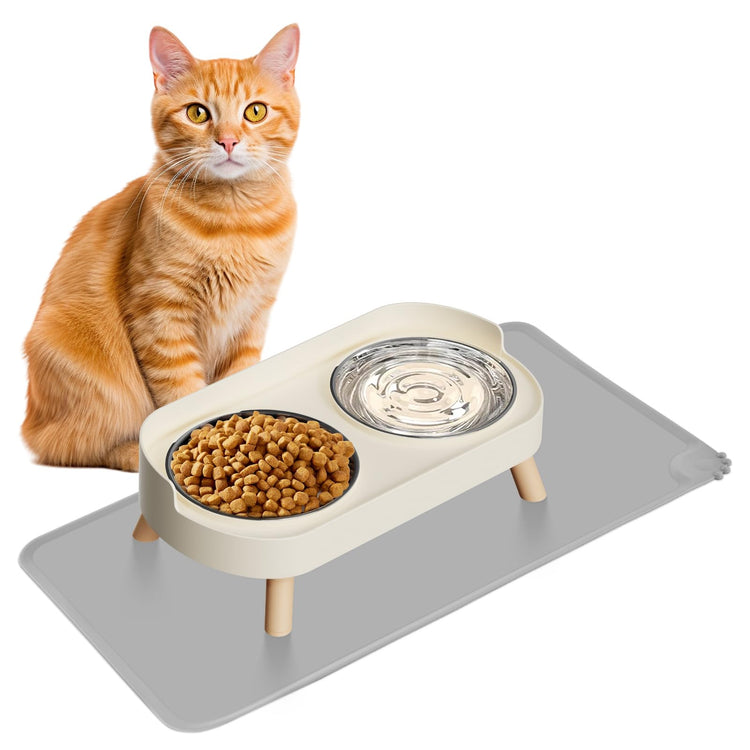 Elevated Cat Bowl, Raised Cat Food and Water Bowl Set for Indoor Cats, Splash Proof with 2 Stainless Steel Pet Food Bowls for Cats and Puppies, Whisker Fatigue and Dishwasher Safe - White