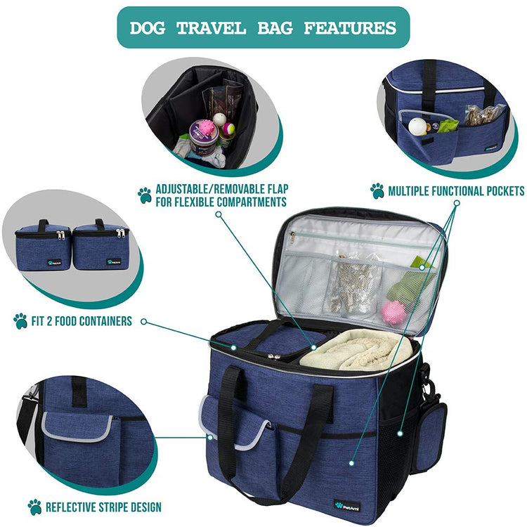 PetAmi Dog Travel Bag Organizer, Pet Travel Kit with 2 Food Containers & 2 Collapsible Dog Bowls, Pet Supplies Tote with Luggage Sleeve, Weekend Road Trip Camping Essentials, Dark Gray, Medium