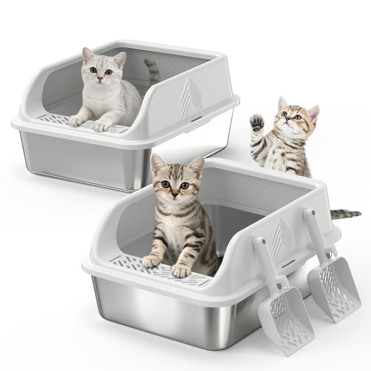 2 Pack XL Stainless Steel Litter Box, Metal Cat Litter Boxes with Lid, High Sided Enclosed Litter Boxes for Big Cat and Multiple Cats, Anti-Urine Leakage | Non-Stick Bottom & Includes Scoop