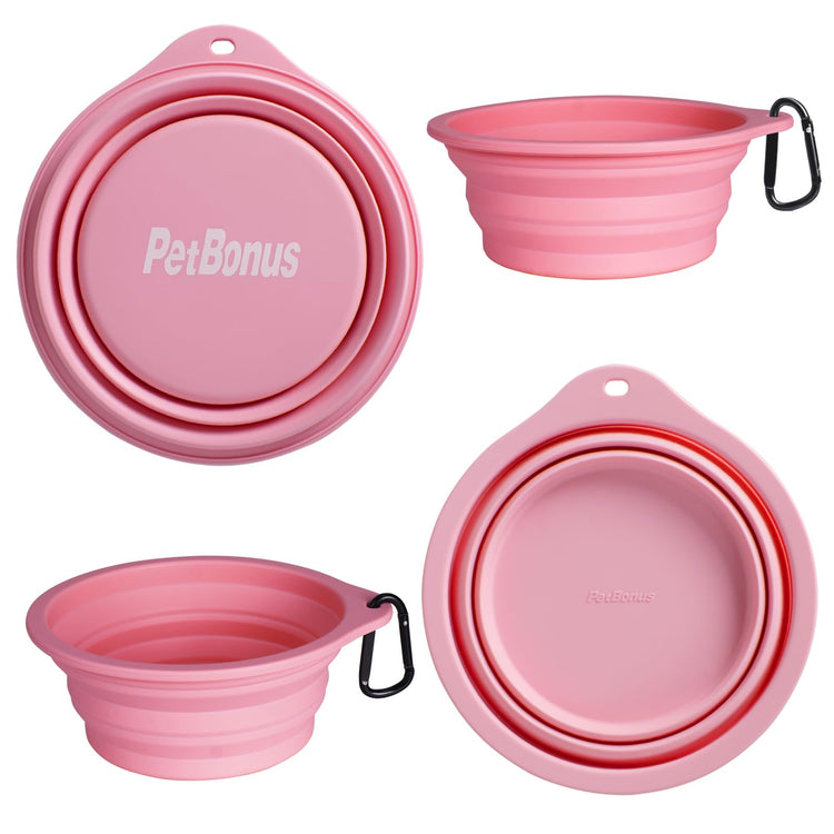 PetBonus 2-Pack Silicone Collapsible Dog Bowls, BPA Free Dishwasher Safe, Portable Foldable Expandable Travel Bowl, Food Water Feeding Cup Dish for Dogs Cats with 2 Carabiners (Turquoise, Tan)