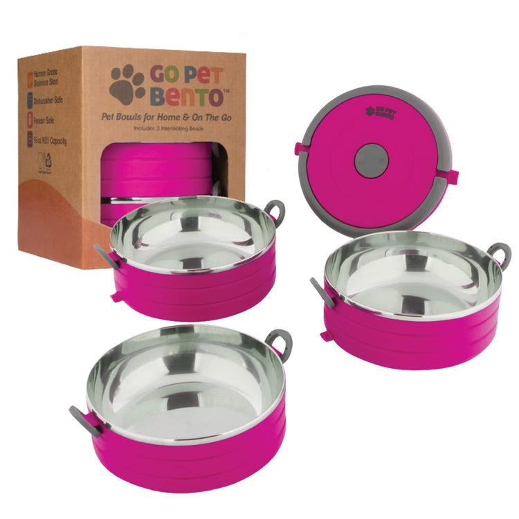 Healthy Human Travel Pet Bento Bowls - Human-Grade Stainless Steel & BPA-Free, Leak-Proof Water & Food Container Set for Dogs & Cats, 4-Pack Interlocking Bowls, Includes Spare Clips & Handle (Pink)