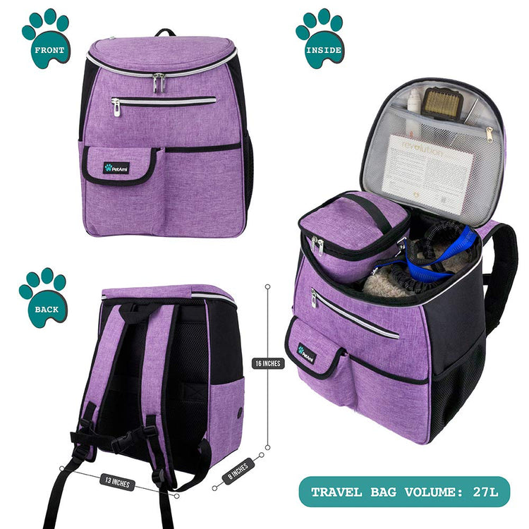 PetAmi Dog Travel Bag Backpack, Airline Approved Dog Bags for Traveling, Puppy Diaper Bag Supplies, Pet Camping Essentials Hiking Accessories Dog Mom Gift, Food Container, Collapsible Bowls, Gray
