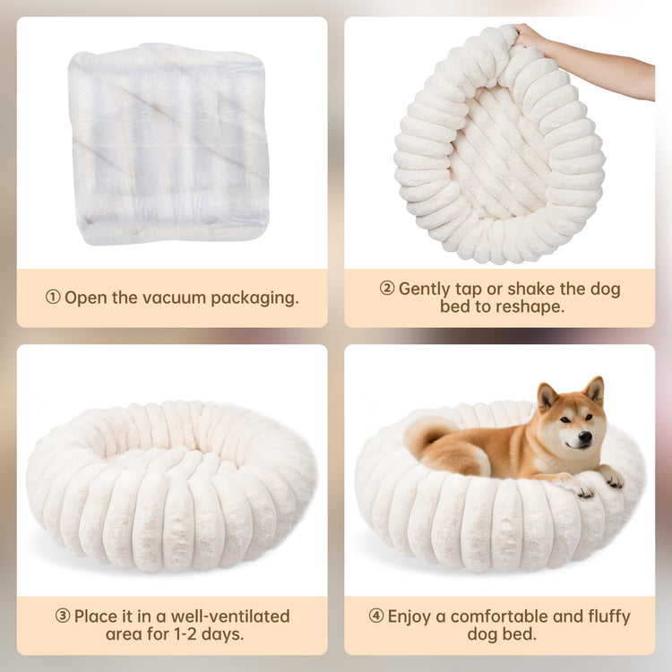 Donut Dog and Cat Bed, Luxurious Comfortable Faux Rabbit Fur Pet Beds, Round Anti-Anxiety Calming Puppy Kitten Bed with Anti-Slip Bottom for Small Medium Dogs & Cats(28", White)