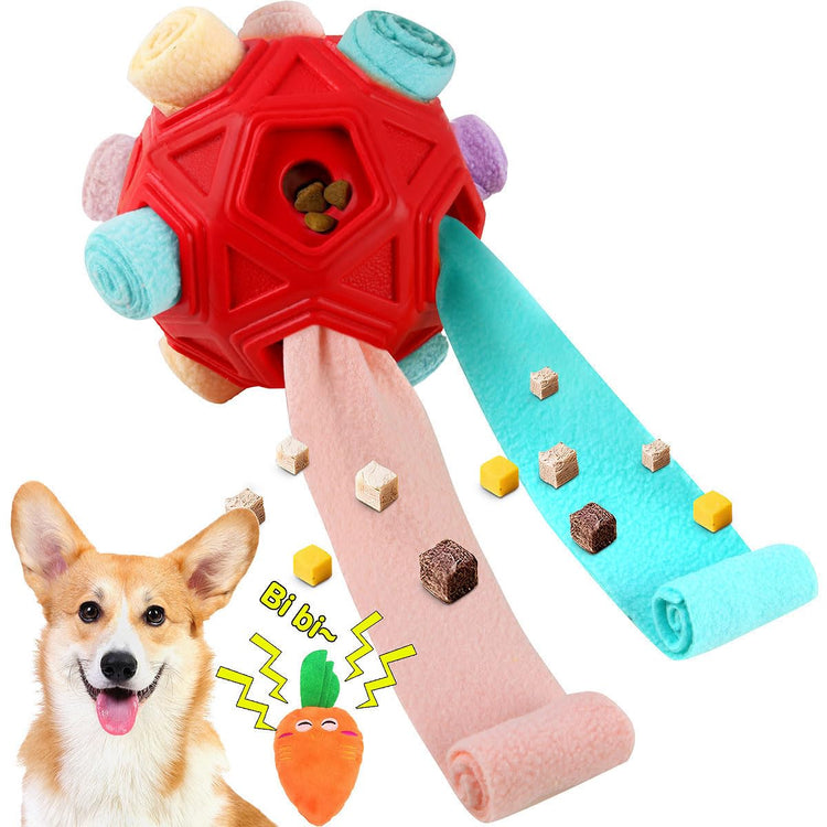 Dog Snuffle Ball-Interactive Puzzle Dog Toys Encourage Natural Foraging Skills Slow Feeder for Training and Stress Relief, Cloth Strip Hiding Food Chew Toys with Squeaky Carrot Toy for Any Size