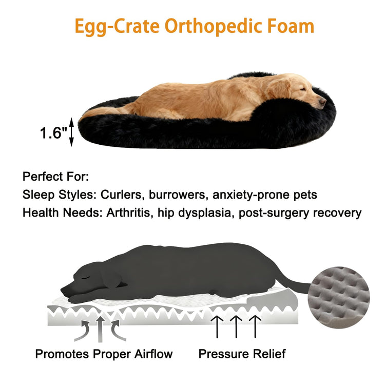 Orthopedic Dog Bed with Egg-Crate Base, Calming Dog & Cat Beds Long Plush with Raised Edges, Spine Friendly Pet Sleeping Mat for Small Medium Dogs, Machine Washable (Oval, Beige 26"x20")