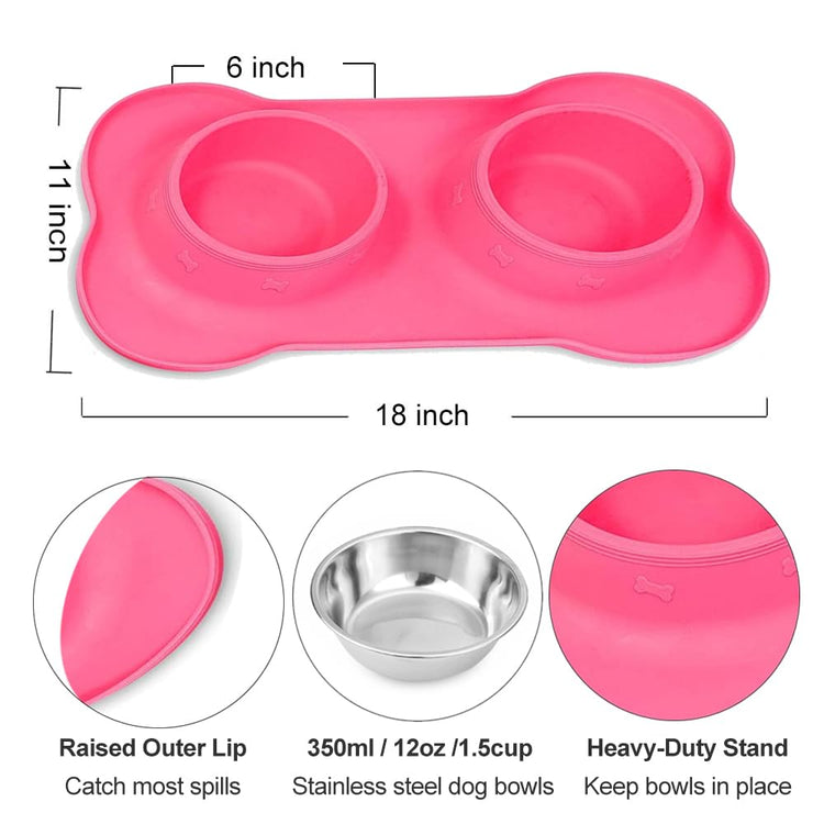 AsFrost Dog Food Bowls Stainless Steel Pet Bowls & Dog Water Bowls with No-Spill and Non-Skid, Feeder Bowls with Dog Bowl Mat for Dogs Cats and Pets-Pink, 24 0z in Total