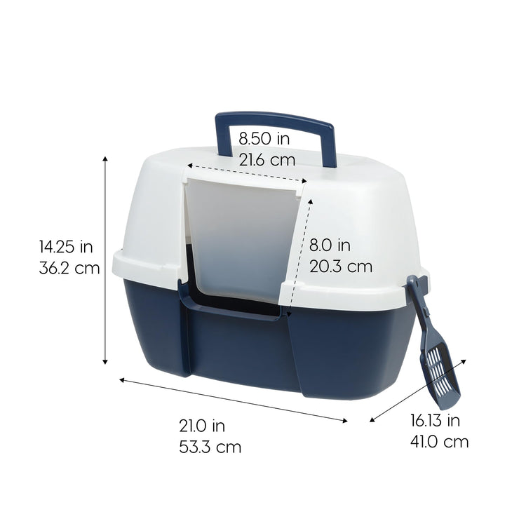 IRIS USA Cat Litter Box Large with Front Door Flap, Covered Enclosed Litter Box Enclosure with Scoop, Handle & Buckles for Portability & Privacy, Hidden Litter Pan, Navy