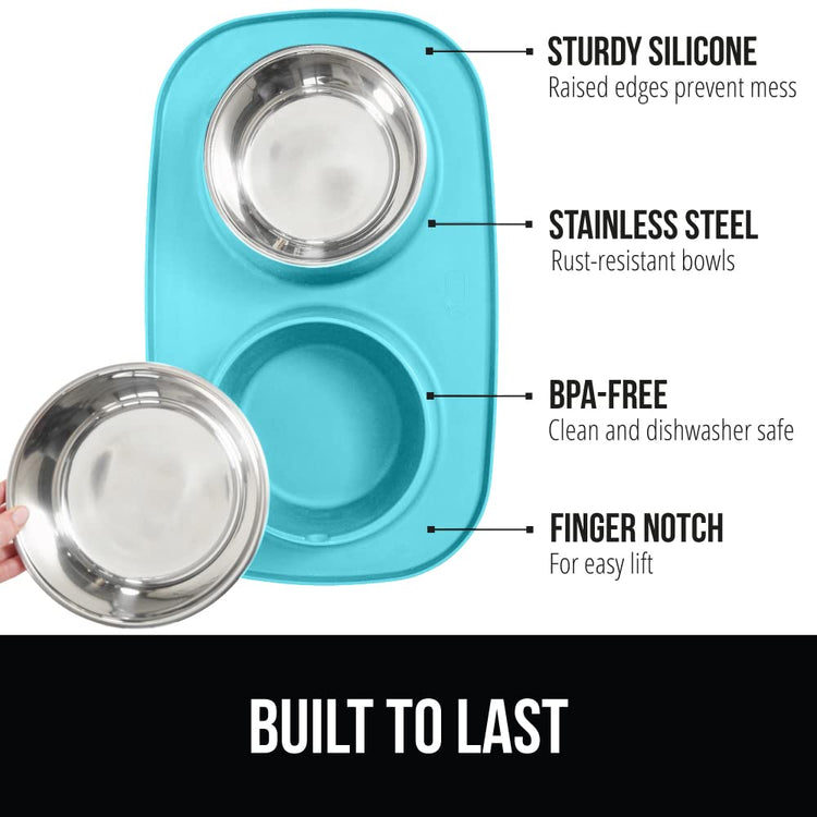 GORILLA GRIP Feeding Mat Set, Patent Pending 100% Waterproof BPA Free Silicone, Stainless Steel Cat and Dog Bowls, Slip Resistant, 1 Black mat/tray with 2 stainless steel bowls