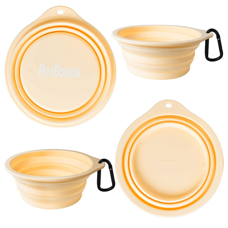 PetBonus 2-Pack Silicone Collapsible Dog Bowls, BPA Free Dishwasher Safe, Portable Foldable Expandable Travel Bowl, Food Water Feeding Cup Dish for Dogs Cats with 2 Carabiners (Turquoise, Tan)