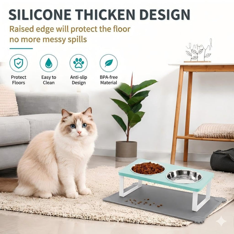 Upgraded Elevated Cat Bowls with Food Mat,15°Tilted Stand Anti Vomiting Raised Cat Dishes for Food and Water,2 Stainless Steel Bowls for Cats and Puppy