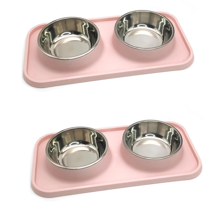 BNOSDM Double Dog Food Bowls Stainless Steel Dog Food and Water Bowls with Non-Spill Plastic Mat Pet Cat Feeder Bowl Set for Puppy Cats Kitten Small Medium Dogs Pink