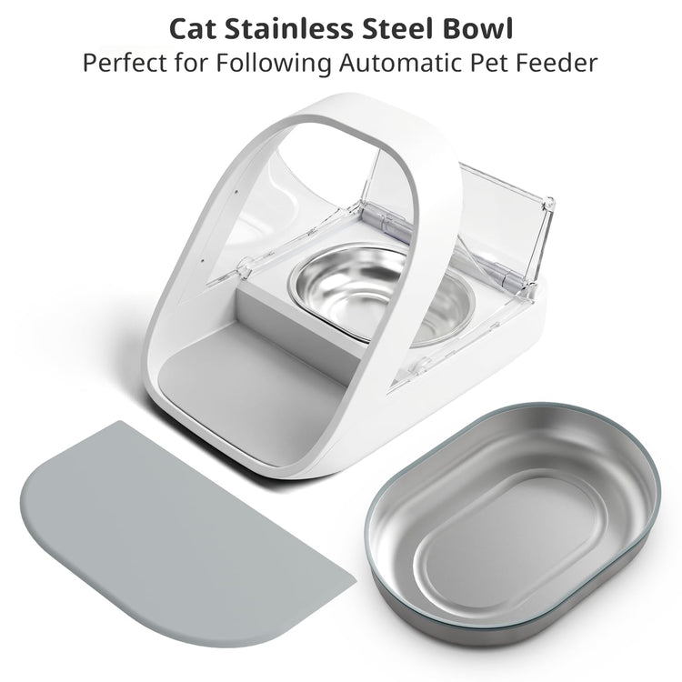 Stainless Steel Bowl for Automatic Microchip Cat Pet Feeder, Sealing Ring Design for Keeping Food Fresh and Reducing Odor, SUS 304, Easy to Clean, 2 Bowl & 1 Mat Set