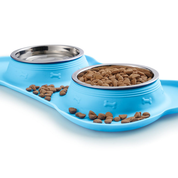 Hubulk Pet Dog Bowls 2 Stainless Steel Dog Bowl with No Spill Non-Skid Silicone Mat + Pet Food Scoop Water and Food Feeder Bowls for Feeding Small Medium Large Dogs Cats Puppies (Small, Blue)