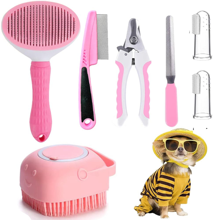 7pcs Pet Grooming Kit, Self-Cleaning Brush Shedding Kit with Nail Clipper, Flea Comb, Shampoo Bath Brush, Finger Toothbrush, Storage Bag (Blue)
