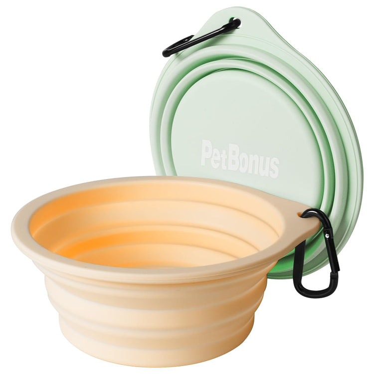 PetBonus 2-Pack Silicone Collapsible Dog Bowls, BPA Free Dishwasher Safe, Portable Foldable Expandable Travel Bowl, Food Water Feeding Cup Dish for Dogs Cats with 2 Carabiners (Turquoise, Tan)